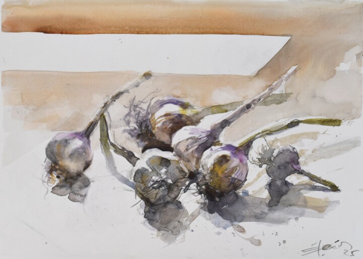 "Garlic on table" başlıklı Tablo Goran Žigolić (watercolors) tarafından, Orijinal sanat, Suluboya