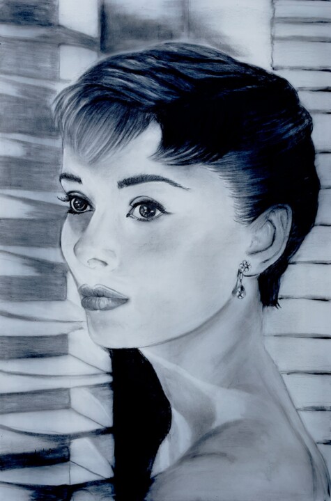 "Beautiful Audrey He…" başlıklı Resim Danijel Segecic tarafından, Orijinal sanat, Karakalem Ahşap Sedye çerçevesi üzerine mo…