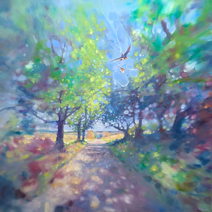 Pintura intitulada "Farewell Swallows" por Gill Bustamante, Obras de arte originais, Óleo Montado em Armação em madeira