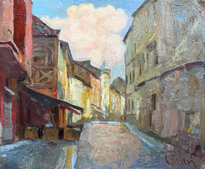 Painting titled "Old Town Morning" by Igor Galan, Original Artwork, Oil Mounted on Wood Stretcher frame