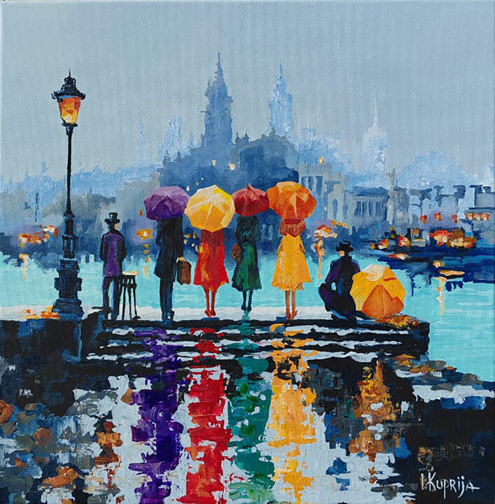 Painting titled "Bright Reflections…" by Irina Kuprijanova, Original Artwork, Acrylic Mounted on Wood Stretcher frame