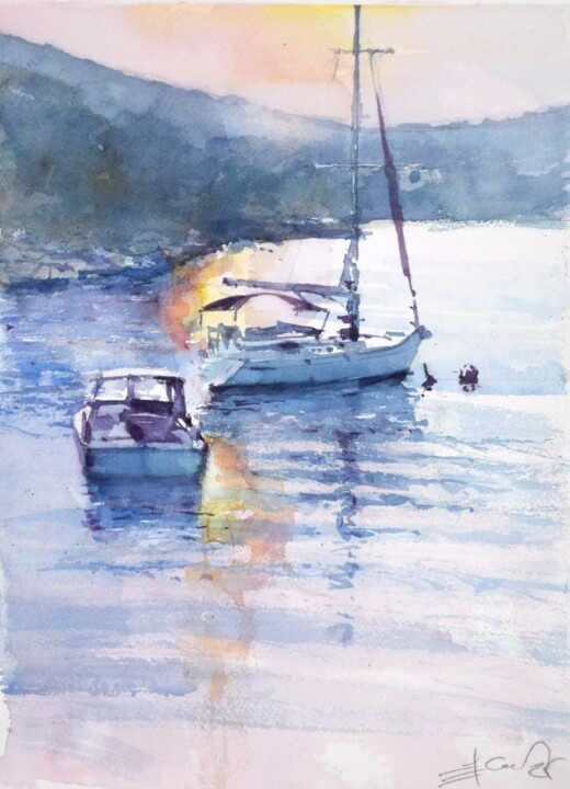 "Sailboats in sunset" başlıklı Tablo Goran Žigolić (watercolors) tarafından, Orijinal sanat, Suluboya