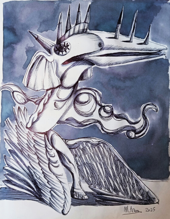 Desenho intitulada "L'uccello-dinosauro…" por Mariaceleste Arena, Obras de arte originais, Tinta