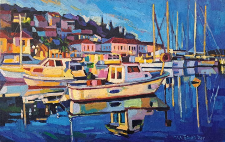 Painting titled "Night in Jelsa, 1" by Maja Djokic Mihajlovic, Original Artwork, Oil Mounted on Wood Stretcher frame