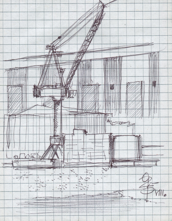 Drawing titled "Werftkran, Hafen Fl…" by Götz Wiedenroth, Original Artwork, Ballpoint pen