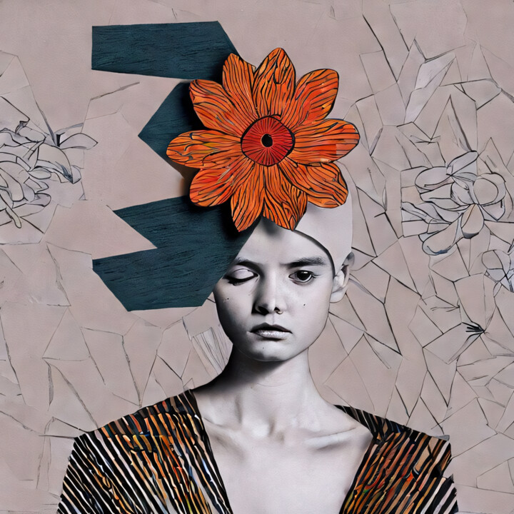 Цифровое искусство под названием "Orange Floral Hat" - Meahau, Подлинное произведение искусства, 2D Цифровая Работа