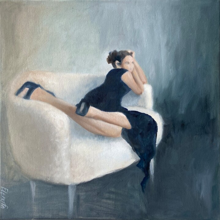 Painting titled "Woman in Black Dres…" by Elena Afanaseva, Original Artwork, Oil