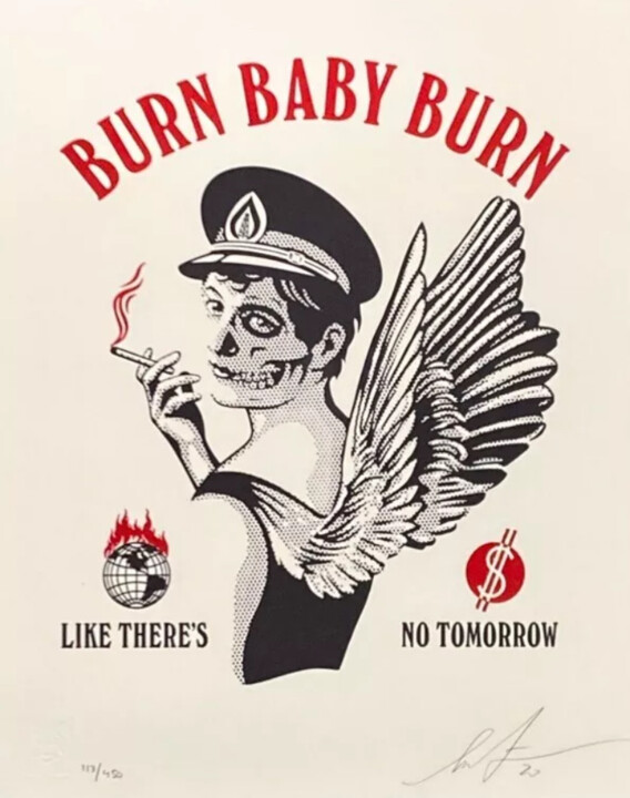 Printmaking titled "Burn Baby Burn" by Shepard Fairey (Obey), Original Artwork, Screenprinting Mounted on Plexiglass