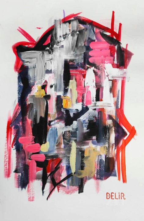 Painting titled ""City Lights"" by Elena Nikolic, Original Artwork, Tempera Mounted on Cardboard