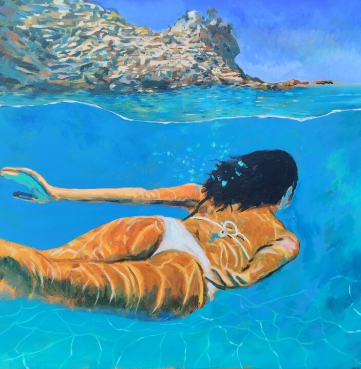 Painting titled "Swimming around the…" by Tam Nightingale, Original Artwork, Acrylic Mounted on Wood Stretcher frame