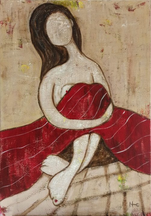 绘画 标题为“Mantita roja” 由Eva Hidalgo, 原创艺术品, 丙烯 安装在木质担架架上