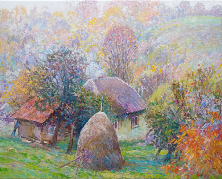Painting titled "Fog in the mountains" by Gunchenko, Original Artwork, Oil Mounted on Wood Stretcher frame