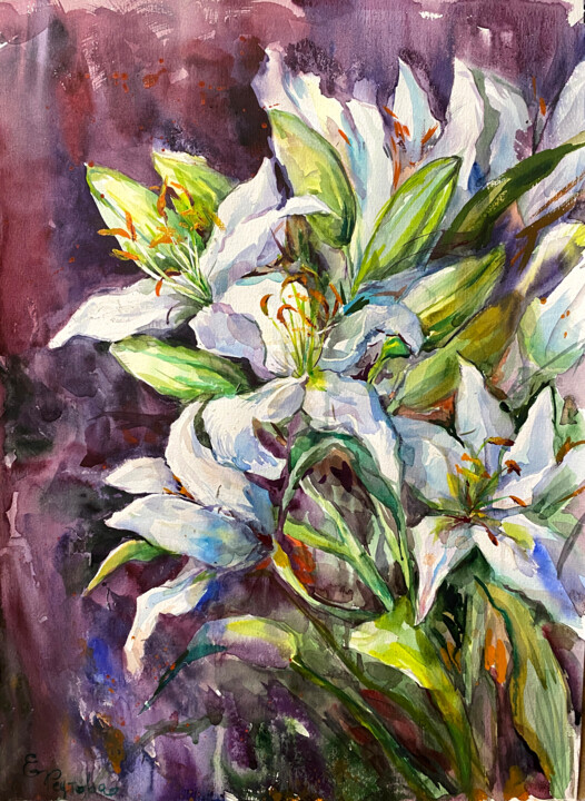 Painting titled "White lilies on a d…" by Elena Reutova, Original Artwork, Watercolor