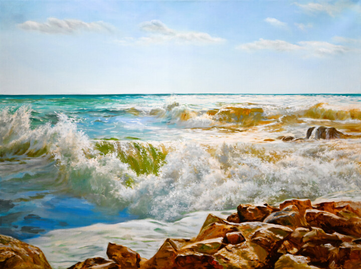 Painting titled "Sunlit Sea with Cra…" by Lukian, Original Artwork, Oil