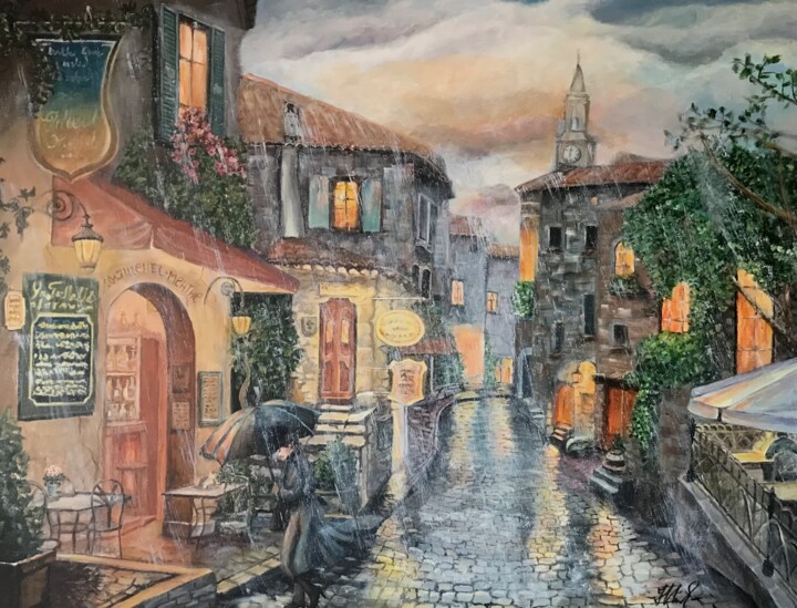 Painting titled "Rainy day" by Natalia Glazunova, Original Artwork, Acrylic Mounted on Wood Stretcher frame