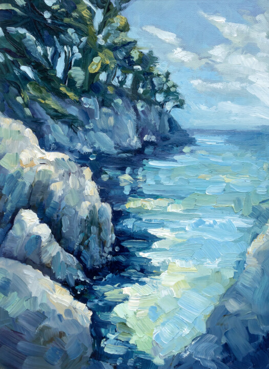 Painting titled "Skopelos Bay" by Adrienn Pécsek, Original Artwork, Oil