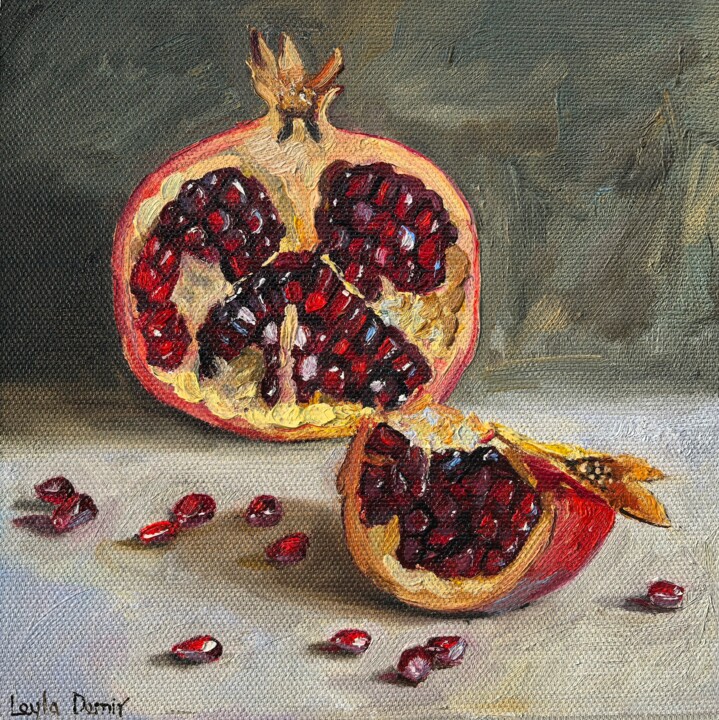 Peinture intitulée "Pomegranate red fru…" par Leyla Demir, Œuvre d'art originale, Huile Monté sur Carton