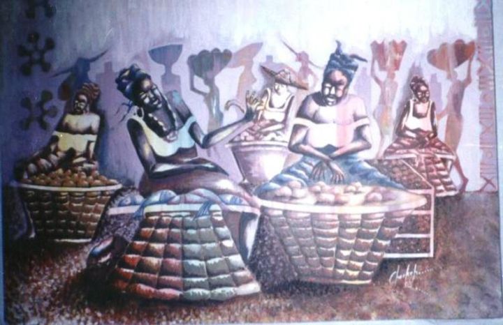 Painting titled "at the market" by Emmanuel Cherkoh, Original Artwork