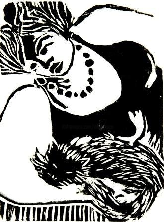 Impressões e gravuras intitulada "Mulher com gato" por Maria Lucia Pacheco, Obras de arte originais, Xilogravura