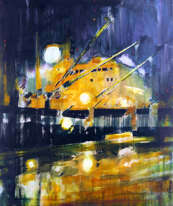Peinture intitulée "Tokyo, cargo de nuit" par Guy Terrier, Œuvre d'art originale, Acrylique Monté sur Châssis en bois