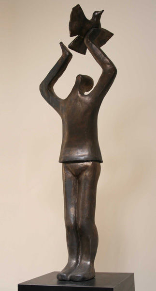 Sculpture titled "A Pigeon and a Boy" by Tal Golan, Original Artwork, Terra cotta