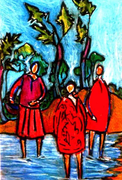 Painting titled "Women Paddling" by Martin James, Original Artwork, Oil