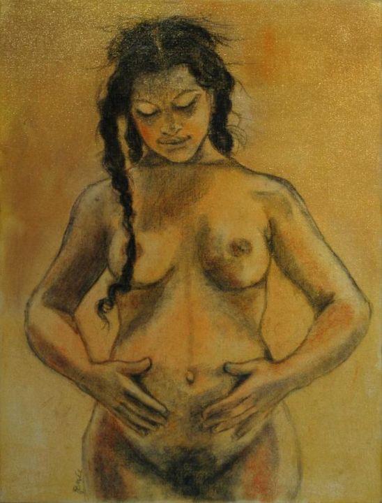 Peinture intitulée "Femme enceinte face" par Renée, Œuvre d'art originale