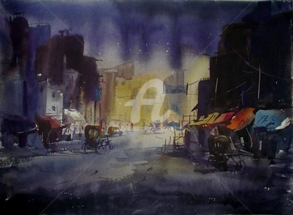 Painting titled "nightscape" by Kishore Singh, Original Artwork