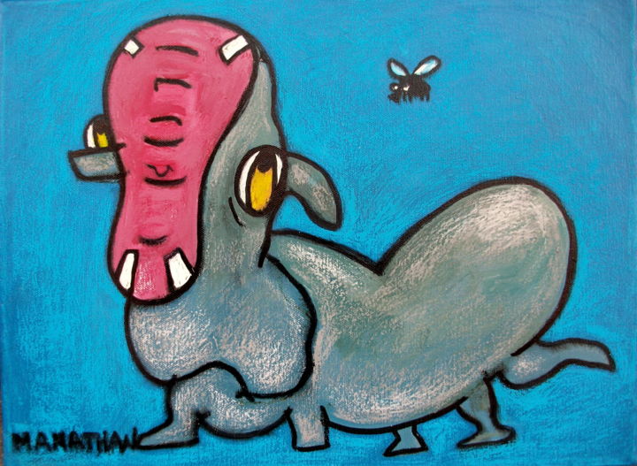 Peinture intitulée "Hippo et mouche" par Nathalia Chipilova, Œuvre d'art originale, Acrylique