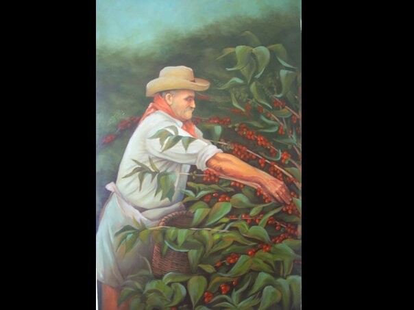 Painting titled "RECOLECTOR DE CAFE" by Astrid Galan Sepulveda, Original Artwork