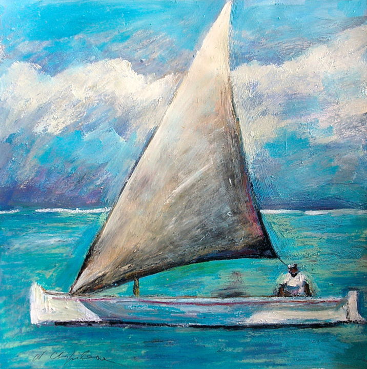 Peinture intitulée "Voilier 1, 50x50 cm" par Nathalia Chipilova, Œuvre d'art originale, Acrylique