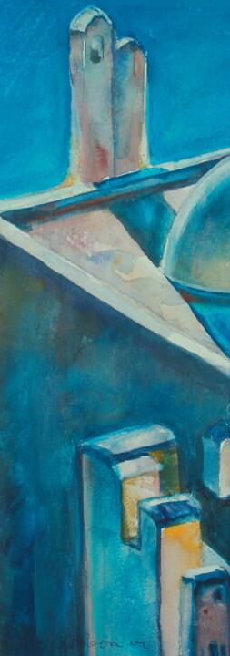 Painting titled "Medina bleue 2, 32x…" by Nathalia Chipilova, Original Artwork, Watercolor Mounted on Cardboard