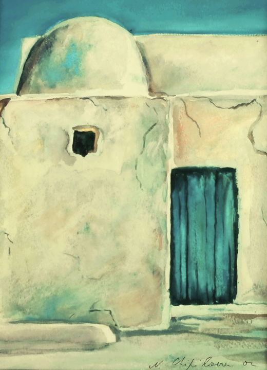 Painting titled "Medina 2, porte ble…" by Nathalia Chipilova, Original Artwork, Watercolor Mounted on Cardboard