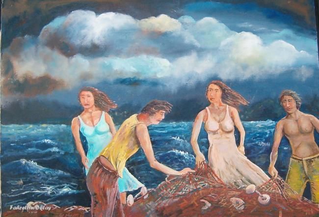 Painting titled "WavesFihsing In Wav…" by Reis, Original Artwork, Oil