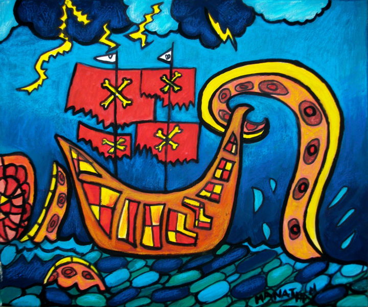 Painting titled "Bateau pirates" by Nathalia Chipilova, Original Artwork, Acrylic