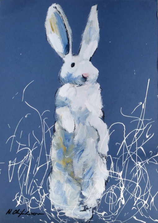 Painting titled "Lapin blanc" by Nathalia Chipilova, Original Artwork, Oil