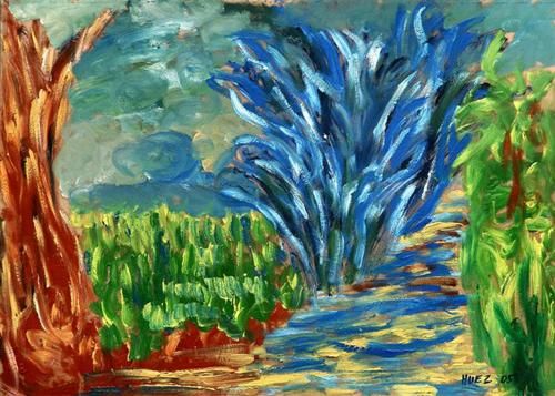 Pittura intitolato "bosco con albero az…" da Mauro Huez, Opera d'arte originale