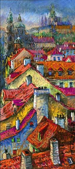 「Prague Roofs 02」というタイトルの絵画 Yuriy Shevchukによって, オリジナルのアートワーク, パステル