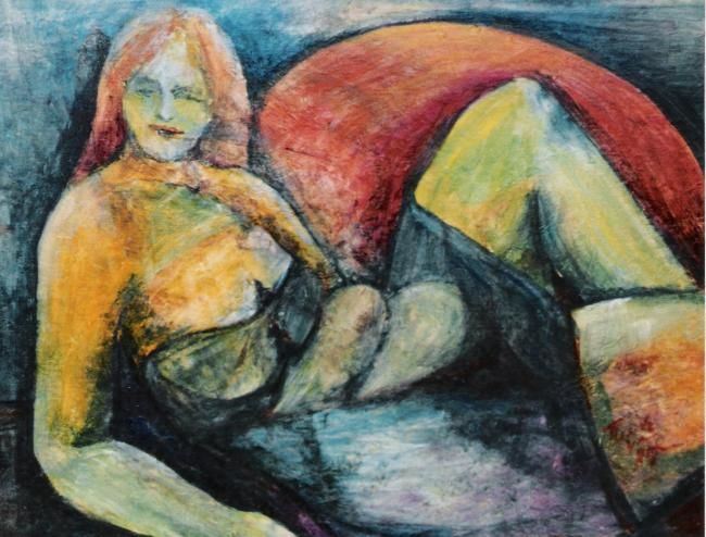 Painting titled "VROUW IN KLEUR" by Renate Van Nijen, Original Artwork