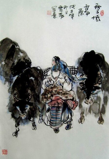 Painting titled "国画作品：雪域高原图" by Yun Yang Wang, Original Artwork, Oil