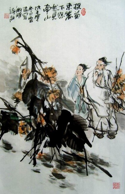 Pintura intitulada "国画作品:采菊东篱下,悠然见南山" por Yun Yang Wang, Obras de arte originais, Óleo