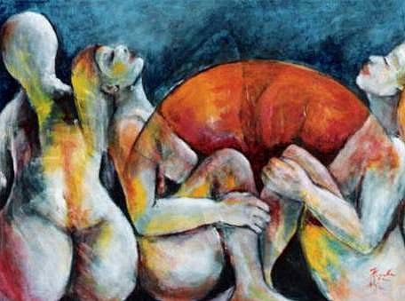 Painting titled "THE BLUE DRESS" by Renate Van Nijen, Original Artwork