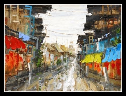 Schilderij getiteld "Grote winkelstraat." door Li Wen Zin, Origineel Kunstwerk, Olie