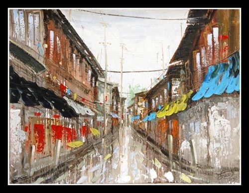 Schilderij getiteld "Kleine winkelstraat." door Li Wen Zin, Origineel Kunstwerk, Olie