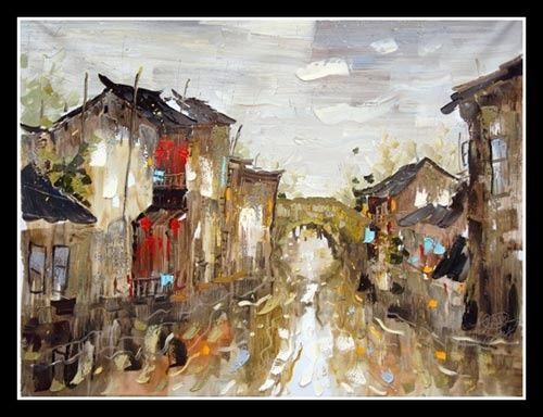 Schilderij getiteld "Waterdorp.3" door Li Wen Zin, Origineel Kunstwerk, Olie