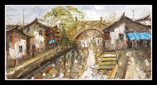 Schilderij getiteld "Waterdorp.5" door Li Wen Zin, Origineel Kunstwerk, Olie