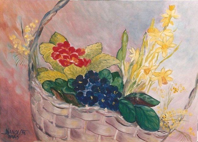 Peinture intitulée "primevères" par Nanou, Œuvre d'art originale, Huile