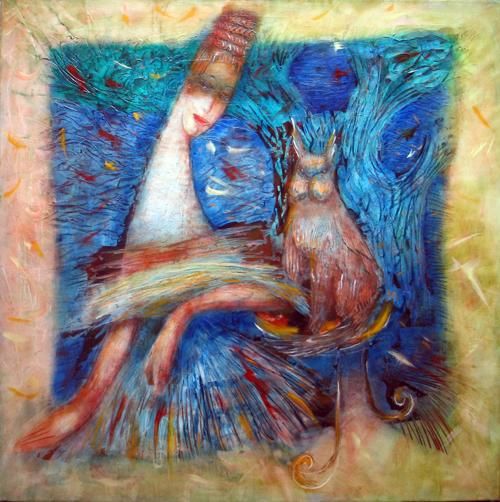 Lady and a Cat 绘画, 39x39 in