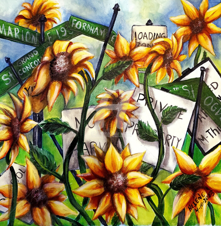 street signs n sunflowers 绘画, 12x12 in