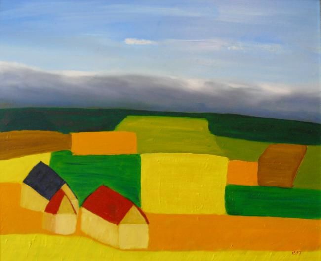 Peinture intitulée "Trois maisons dans…" par Mog, Œuvre d'art originale, Huile